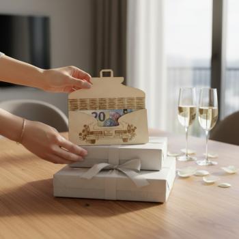 „Geöffneter Holzumschlag mit Platz für Geld oder Widmung“